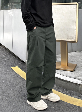 QUALCOMM美式复古百搭褶皱阔腿休闲裤子男秋冬季军绿色弯刀工装裤