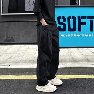 QUALCOMM秋冬季百搭保暖宽松阔腿裤男款美式高级黑弯刀工装休闲裤
