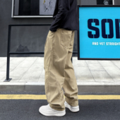 拼接卡其色工装 休闲裤 男秋冬加厚宽松阔腿裤 QUALCOMM美式 直筒长裤
