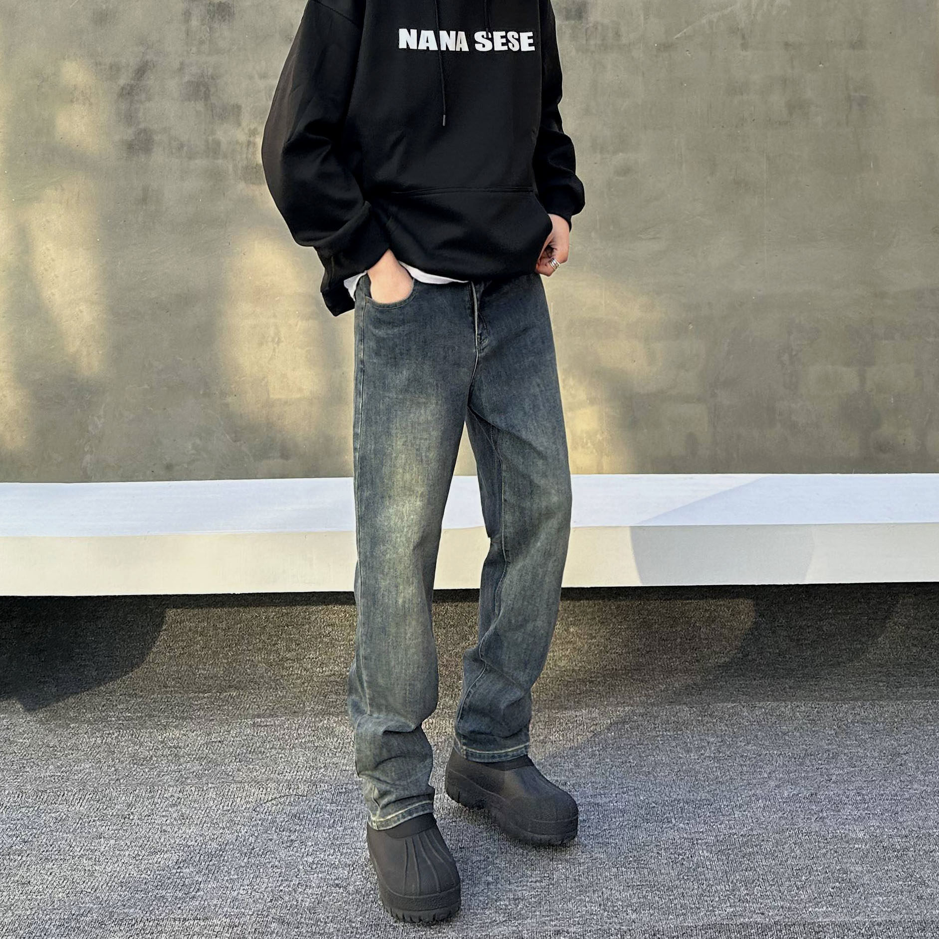 美式复古潮牌ins纯色牛仔裤