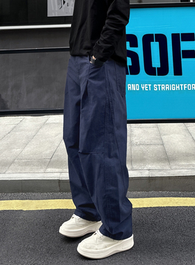 QUALCOMM美式复古宝蓝色拼接弯刀裤男秋冬加厚百搭立体剪裁休闲裤