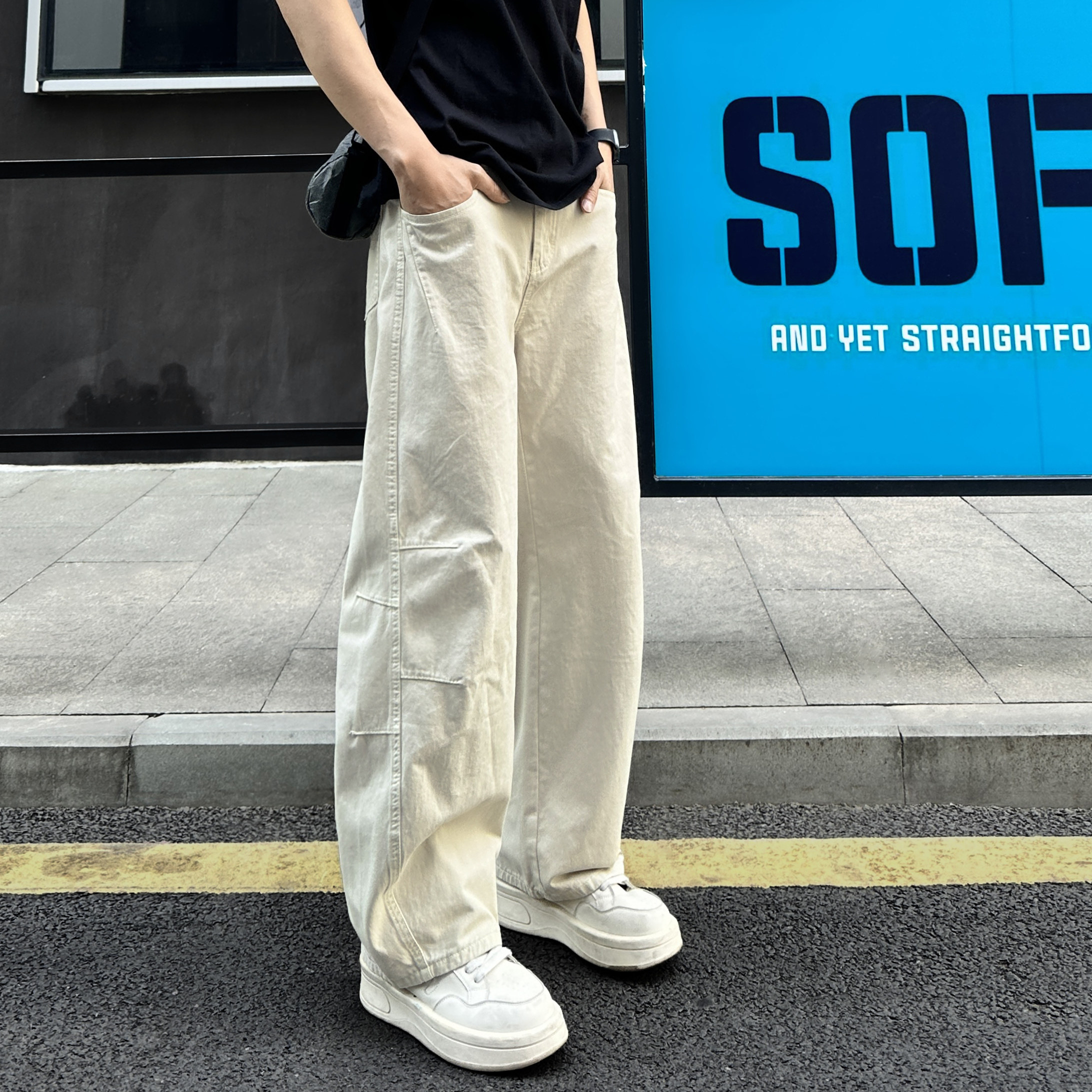 QUALCOMM美式弯刀工装裤男女2025秋季新款宽松阔腿裤直筒休闲裤潮,男装,休闲裤,淘宝优惠券,粉丝福利购,淘宝优惠卷