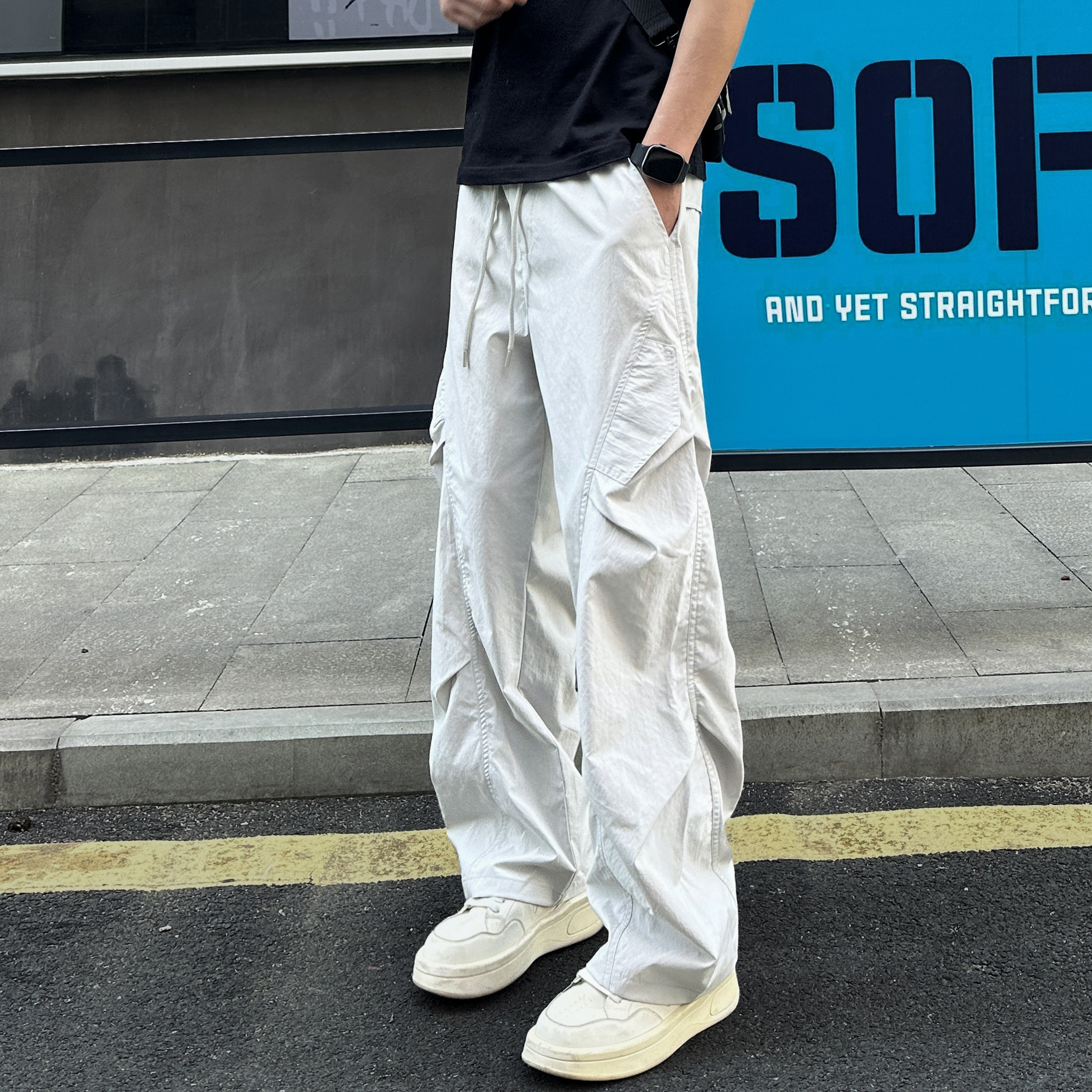 QUALCOMM秋冬新款美式户外时尚工装裤男女同款皱感潮流直筒休闲裤