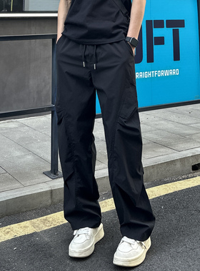 QUALCOMM高级黑秋冬新款休闲裤男女款百搭皱感工装裤宽松显瘦长裤