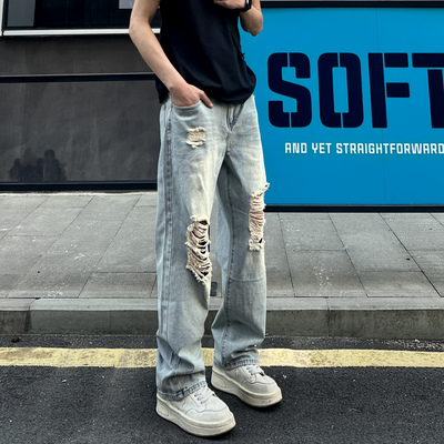 破洞牛仔裤男春夏薄款