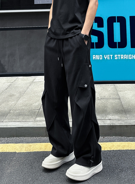 QUALCOMM复古美式潮流黑色星空呢休闲裤男秋季新款褶皱设计直筒裤