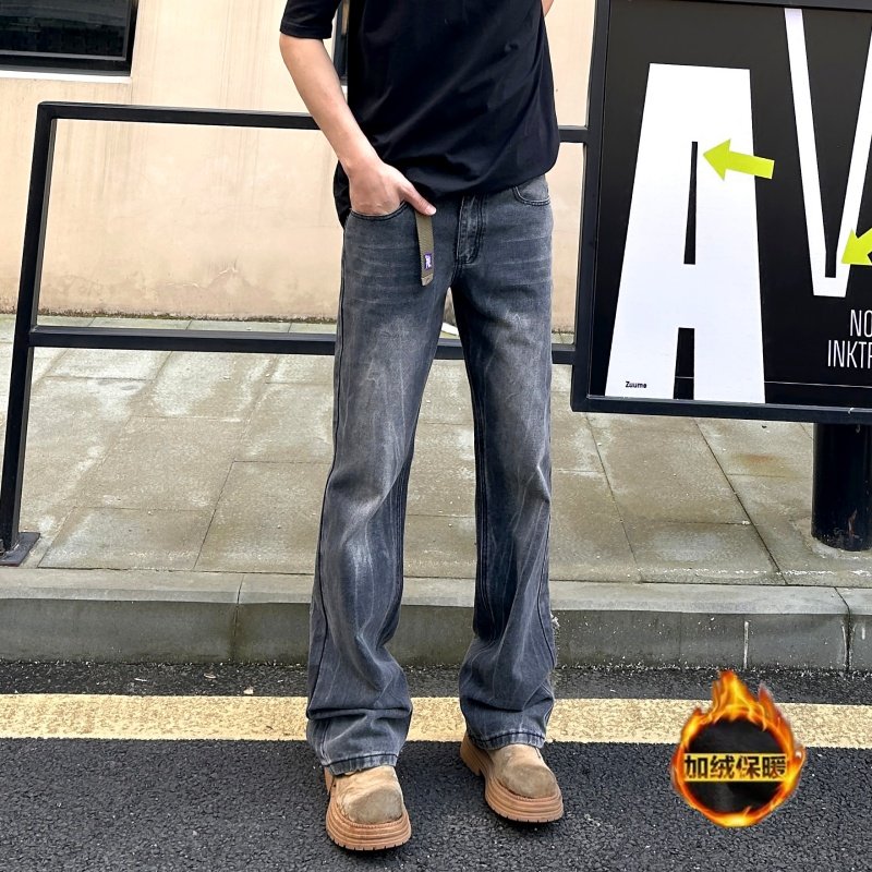 QUALCOMM闪电纹薄绒微喇牛仔裤