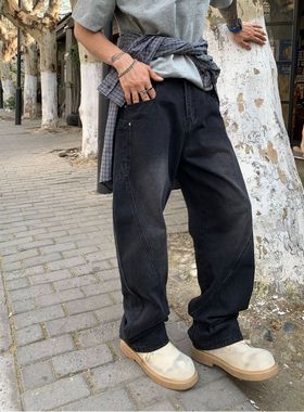 QUALCOMM秋冬cleanfit黑色弯刀牛仔裤男vibe美式显瘦宽松直筒裤子