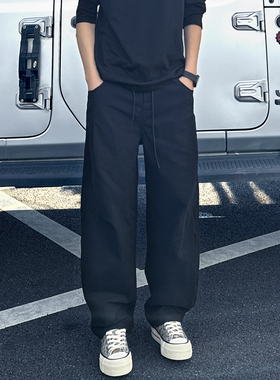 QUALCOMM美式高街百搭黑色休闲长裤男款秋冬潮牌褶皱设计弯刀裤