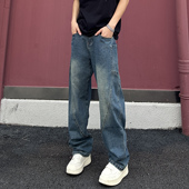 弯刀阔腿裤 QUALCOMM美式 男春秋新款 宽松直筒裤 复古重磅工装 牛仔裤