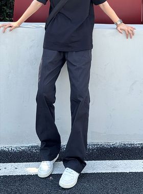 QUALCOMM基础斜切休闲裤男秋冬新款黑色百搭微喇长裤显瘦显高裤子