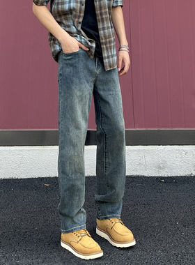 QUALCOMM春秋美式复古蓝直筒牛仔裤男潮流显瘦cleanfit休闲长裤子