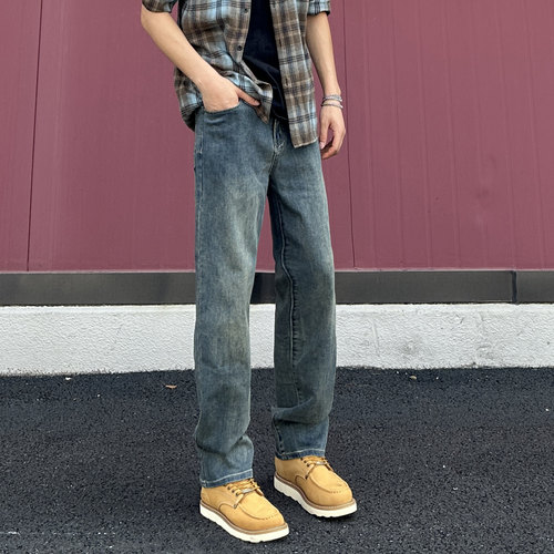 QUALCOMM春秋美式复古蓝直筒牛仔裤男潮流显瘦cleanfit休闲长裤子