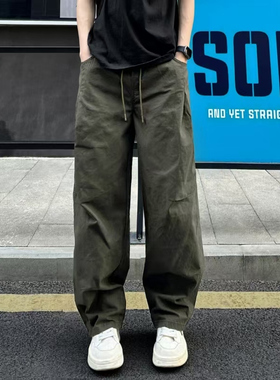 QUALCOMM美式潮流拼接军绿色工装裤男秋冬垂感宽松直筒休闲长裤潮
