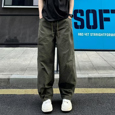 QUALCOMM美式潮流拼接军绿色工装裤男秋冬垂感宽松直筒休闲长裤潮