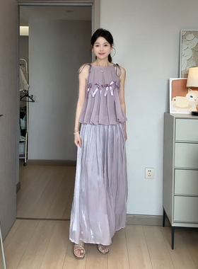 向晚意studio轻奢名媛女紫色夏季蝴蝶结上衣高腰缎面半身裙套装