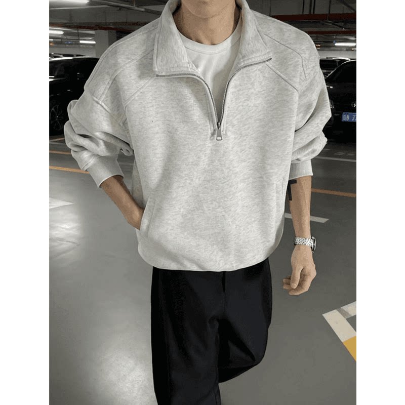 现货立领半拉链卫衣春秋美式休闲翻领上衣加绒保暖秋冬高级感男装