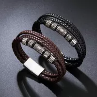 A men's retro leather rope bracelet with a unique Viking totem punk fortune bead woven leather black jewelry for your boyfriend thumbnail 8