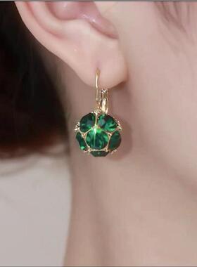 绿色满钻耳环小清新六钻夏款耳环显白耳扣2025新款气质小香风森系