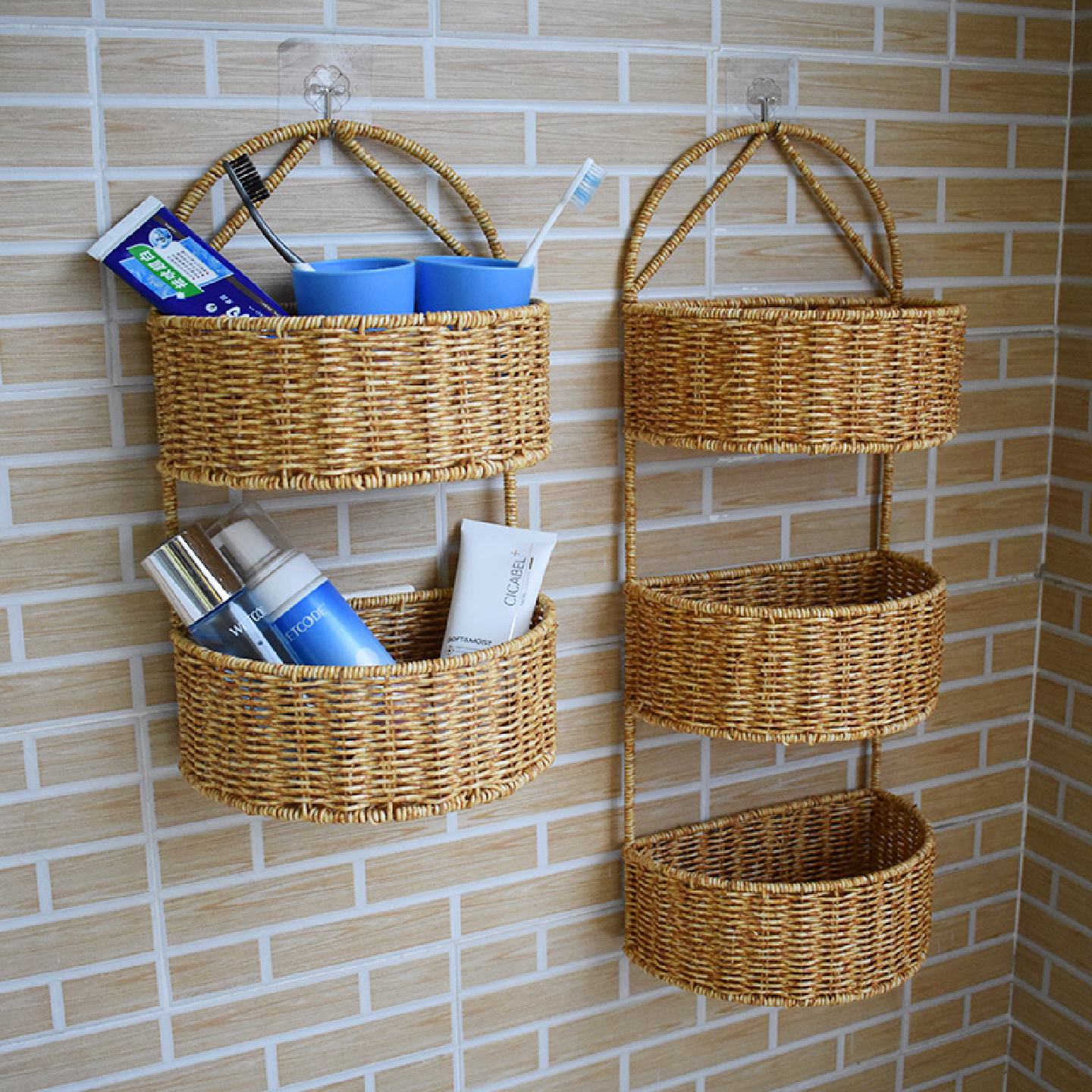三层两层壁挂篮彷藤编织篮家用厨房姜蒜收纳筐厨具挂篮客厅整理框