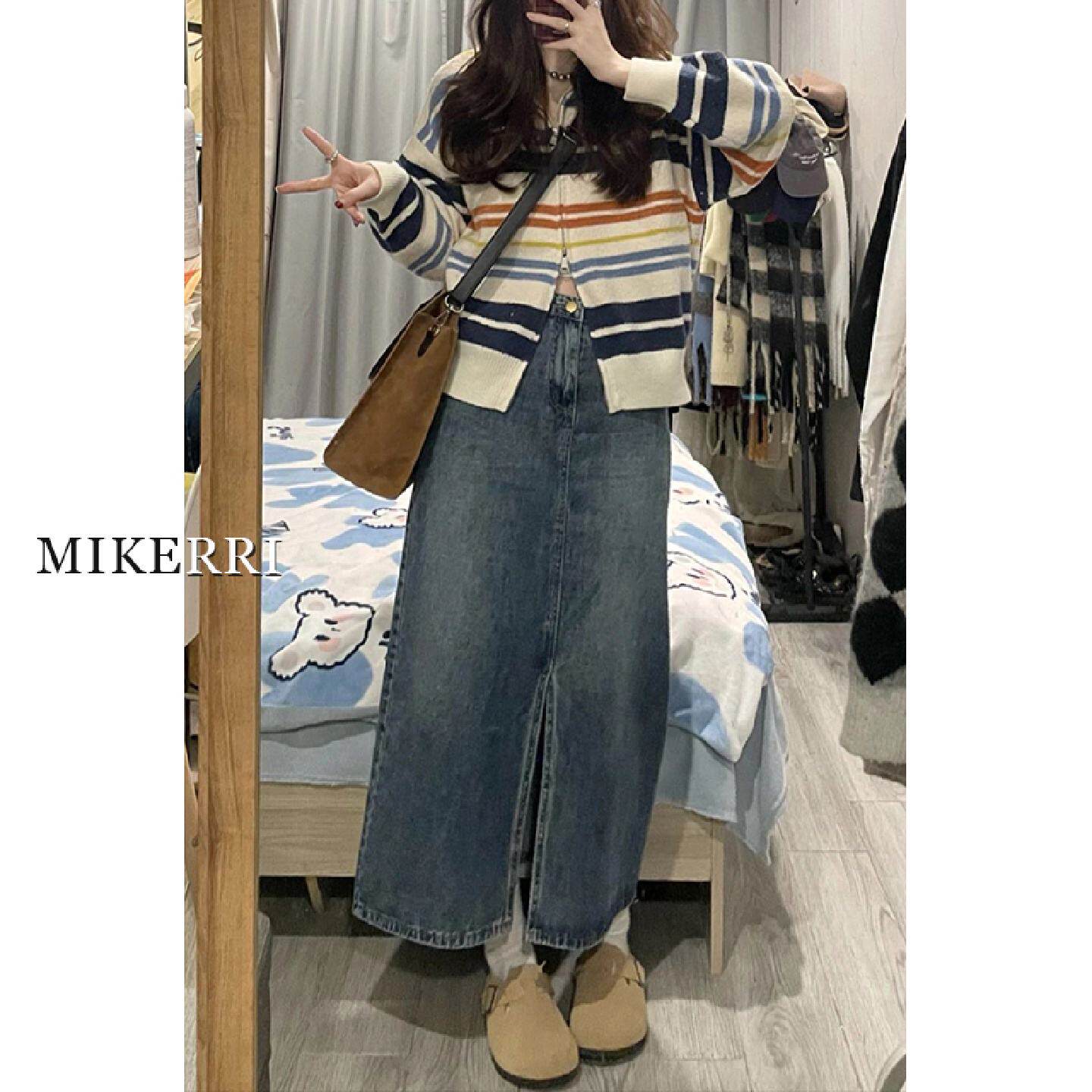 复古蓝开叉牛仔半身裙女高腰秋季大码胖mm遮肚子显瘦中长款a字裙