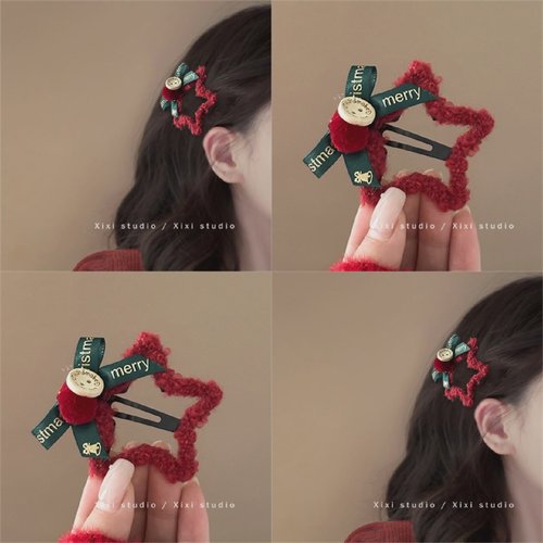 星星点灯红色星星发夹新年刘海夹蝴蝶结边夹盘发器洋气碎发夹