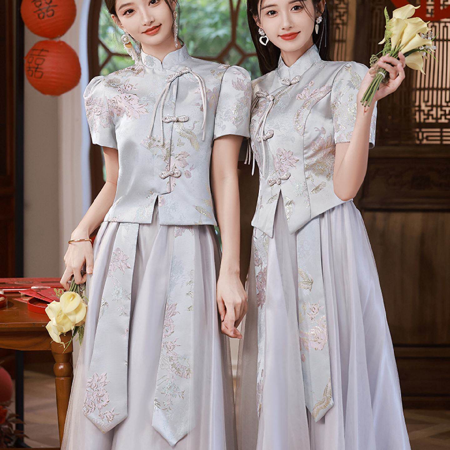 新中式婚礼伴娘服灰色2025新款夏季短袖秀禾裙姐妹服伴娘团礼服裙