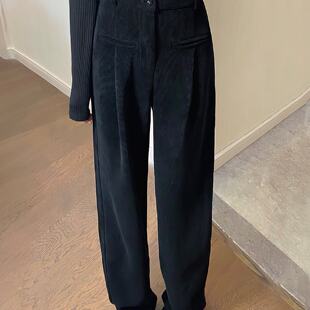 黑色雪尼尔休闲裤 女秋冬加绒胖妹妹mm高腰宽松显瘦灯芯绒阔腿长裤