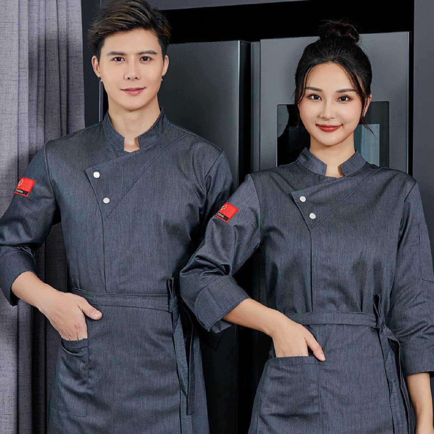 高档酒店厨师服长袖男透气餐饮酒楼饭店厨房中国风纯棉工作服短袖