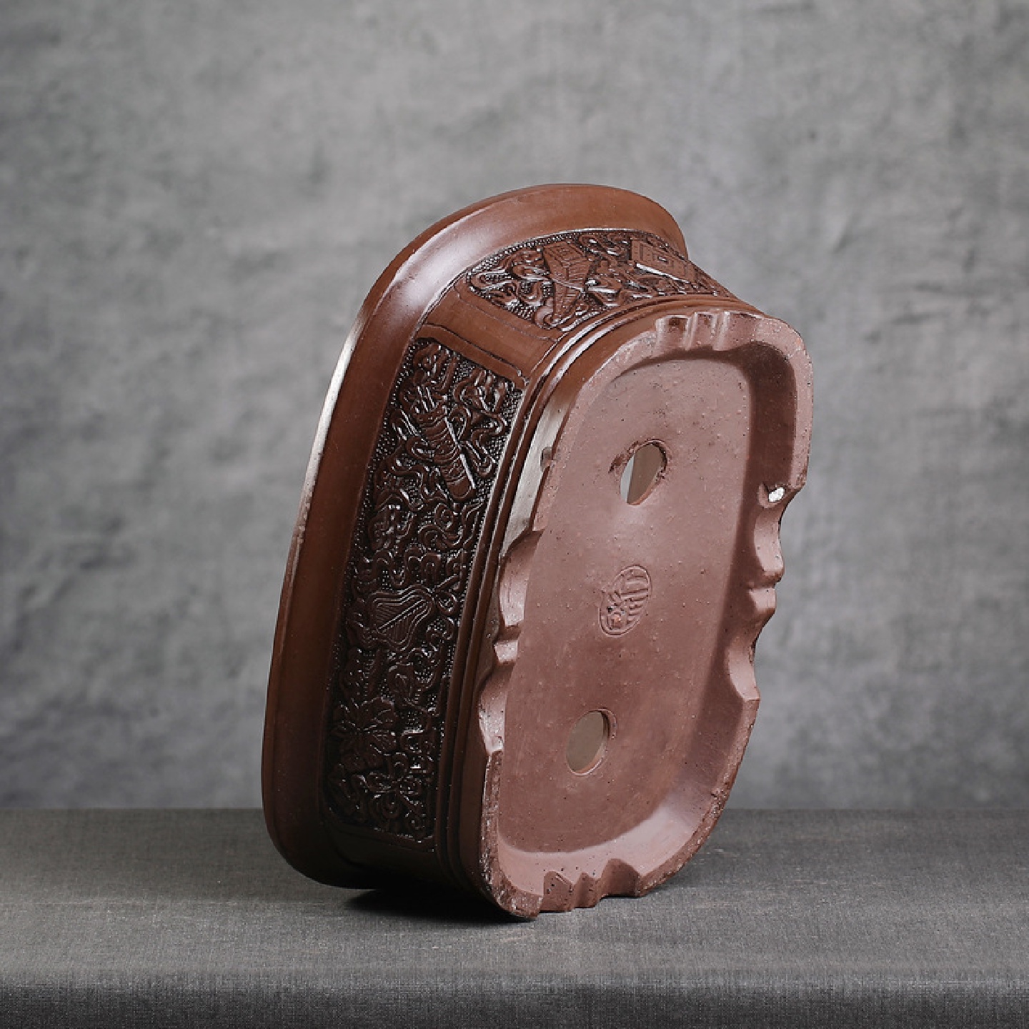 紫砂花盆仿古马槽大口径文竹绿植盆景榕树浮雕椭圆形透气大赵之吴