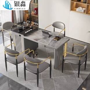 轻奢岩板岛台茶台餐桌一体简约办公桌奶油风高端伸缩泡茶桌椅组合
