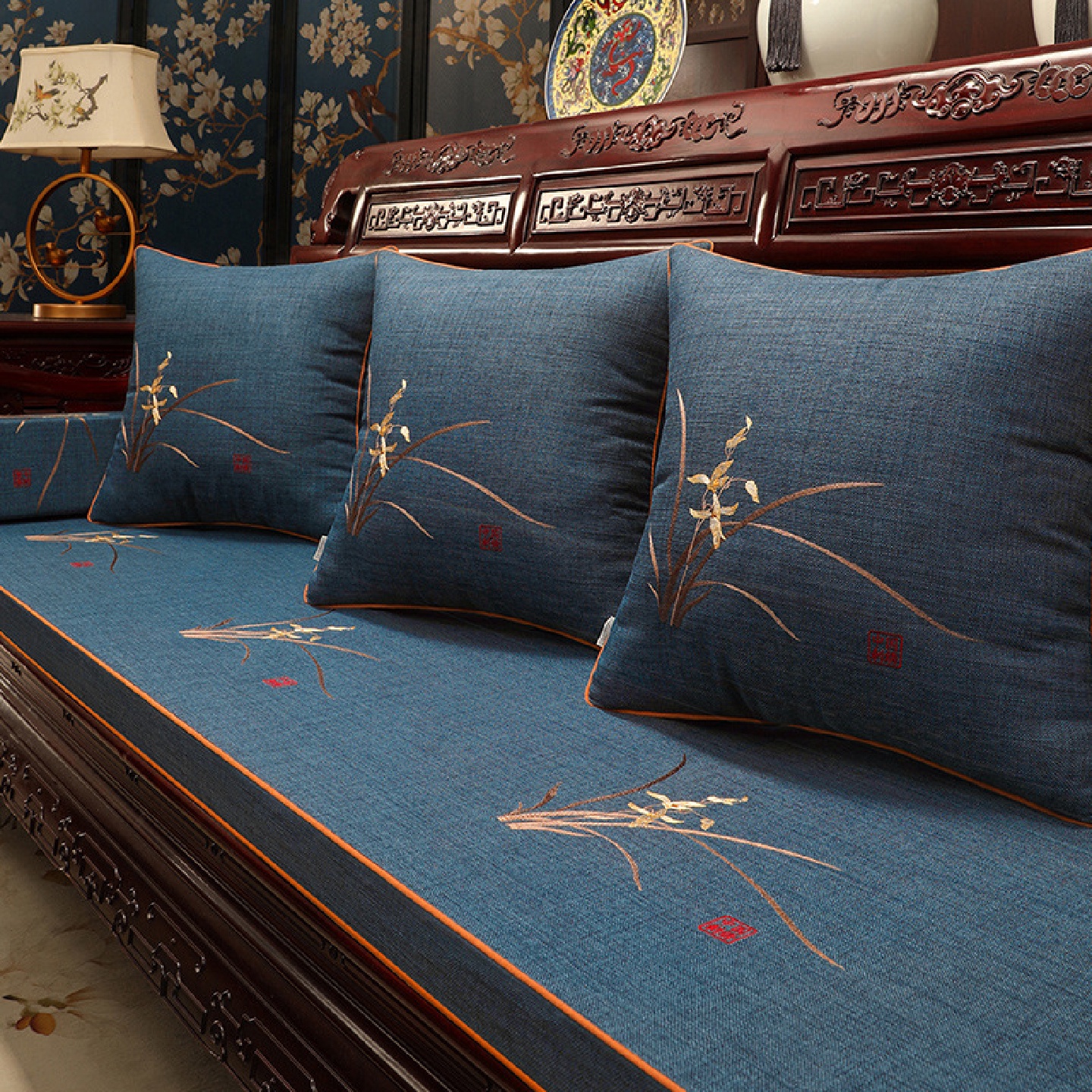 中式红木沙发坐垫防滑海绵实木沙发垫带靠背罗汉床五件套四季通用