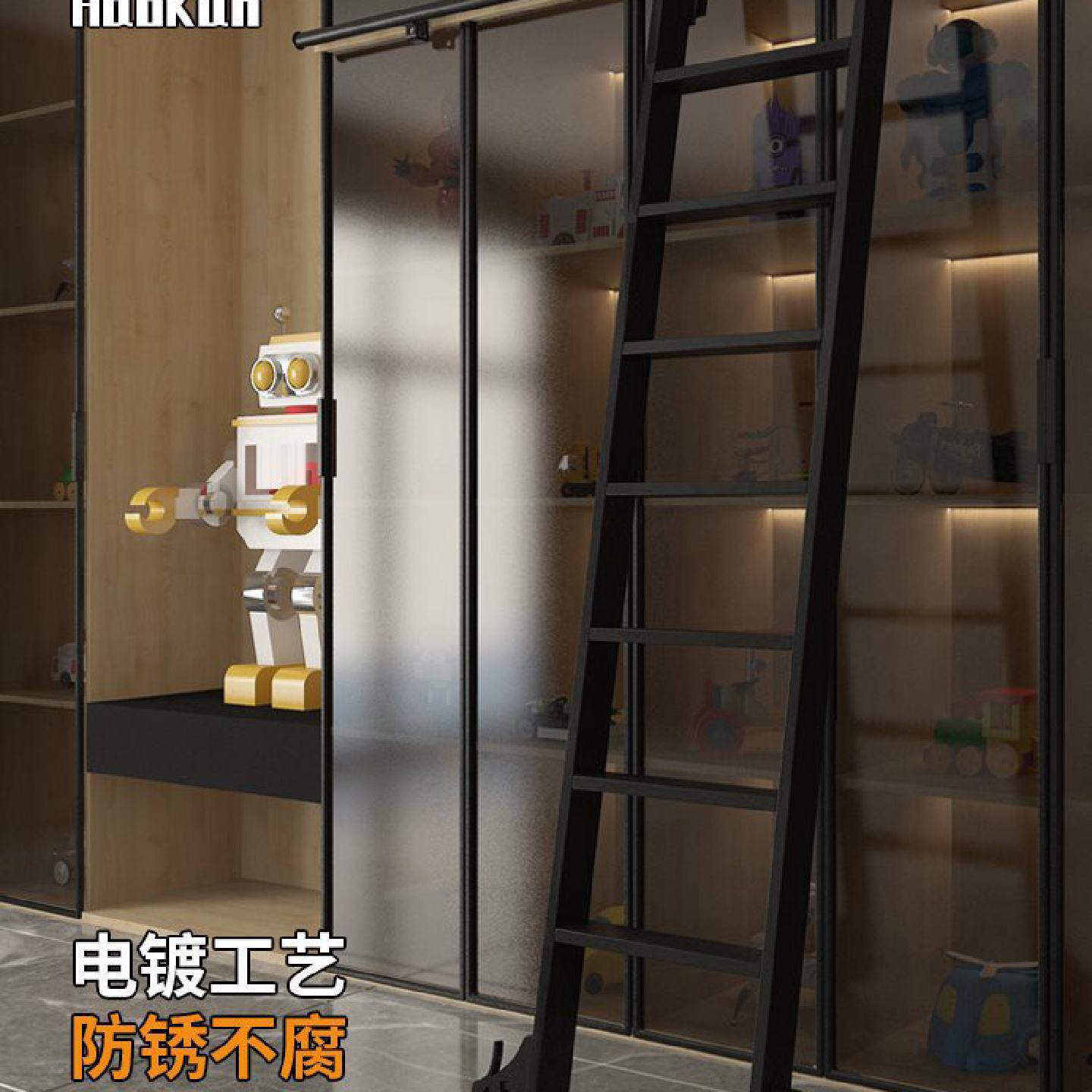 铝合金书架梯子移动爬梯书房书柜家用直梯室内阁楼衣柜滑轮轨道梯