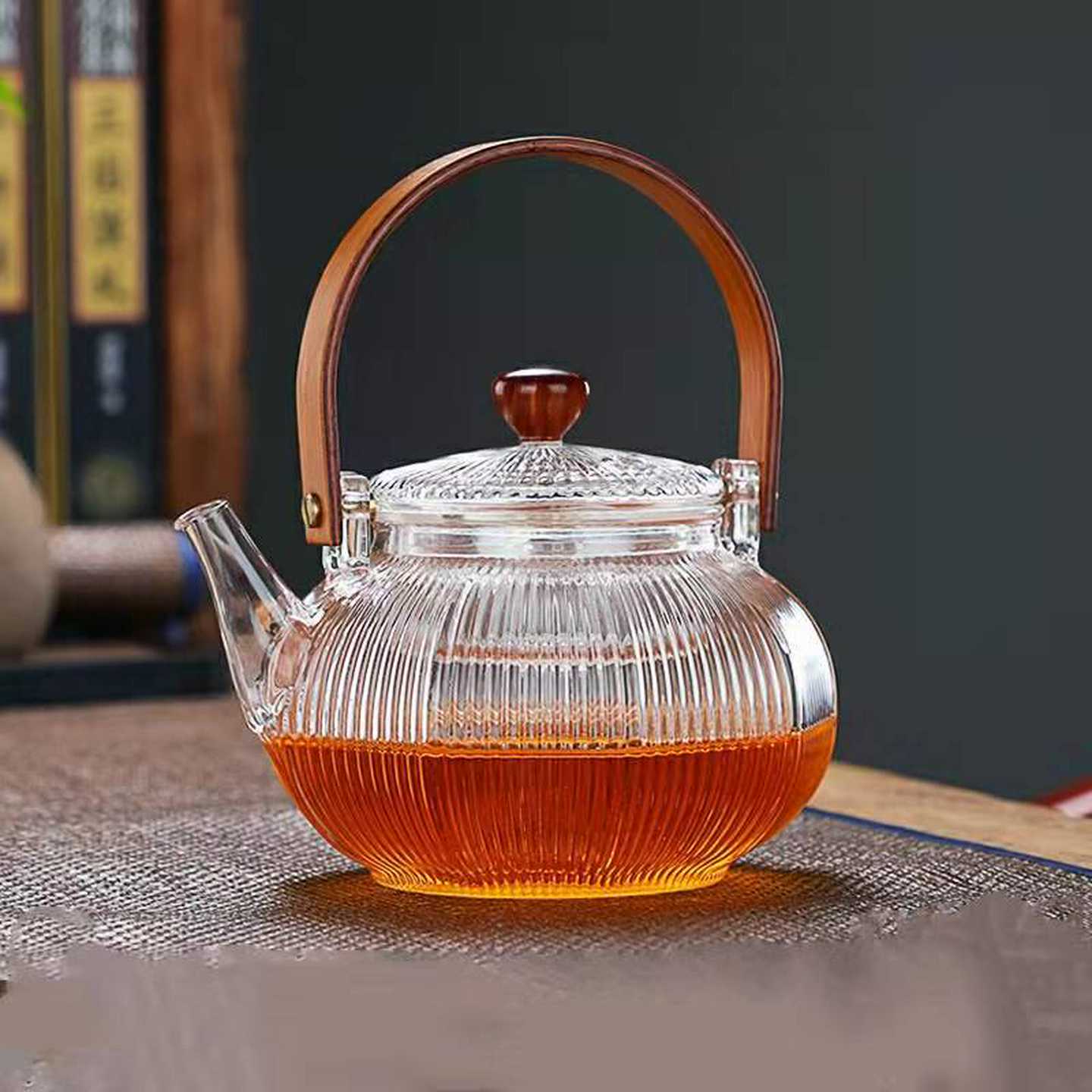 围炉煮茶壶玻璃竹把提梁壶蒸茶壶泡茶壶条纹宫灯耐热玻璃煮茶壶