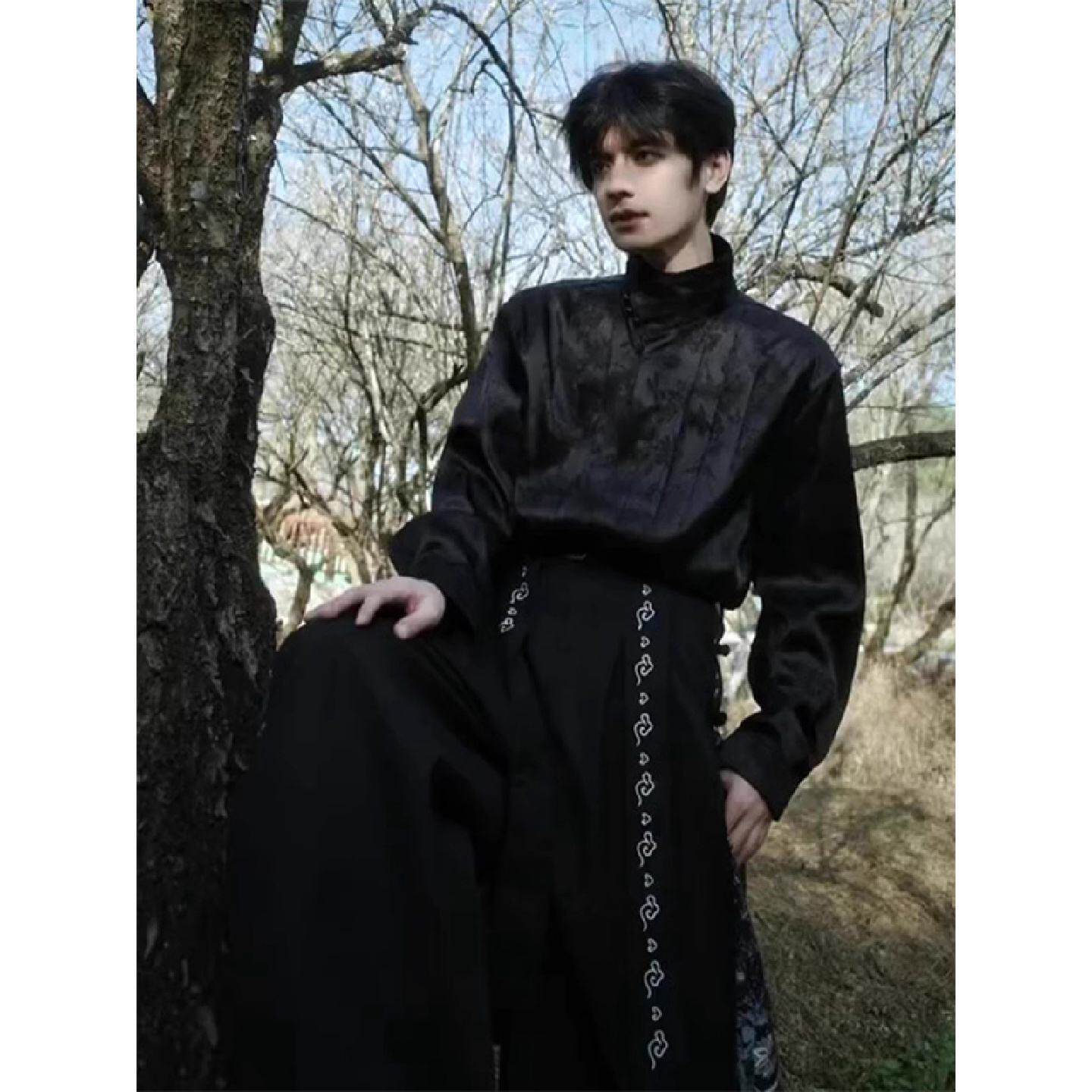 新中式男装盘扣衬衫夏季配马面裙穿的上衣国风高级感冰丝长袖衬衫