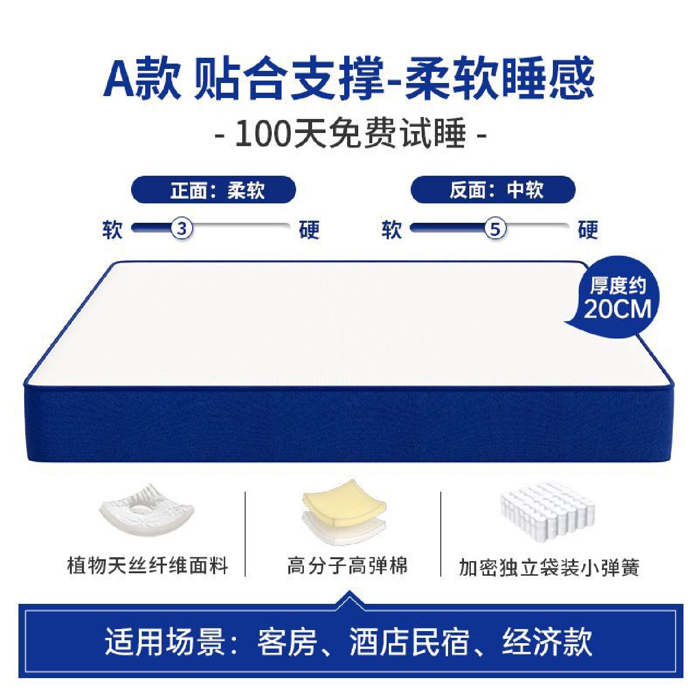 蓝色压缩卷包盒子床垫独立弹簧席梦思乳胶床垫记忆棉加厚软