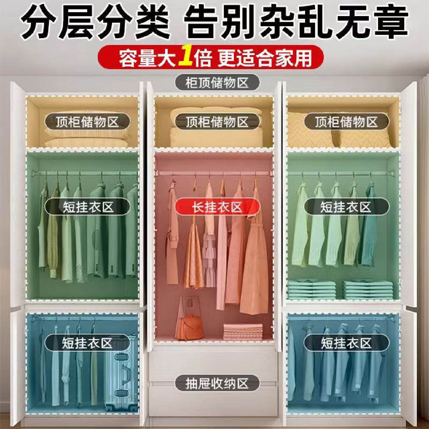 白色纯实木衣柜家用卧室一门到顶大容量挂衣柜免拉手多功能大衣柜