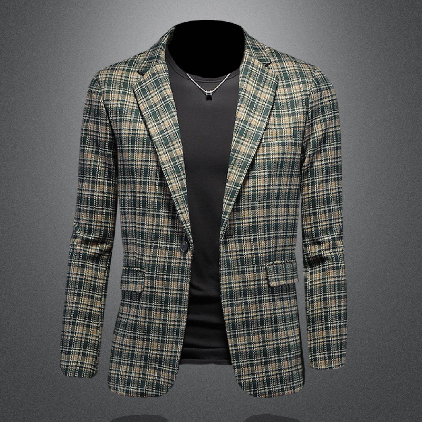 2026格子西装外套男春秋季新款韩版潮流修身休闲单件加厚开叉西服