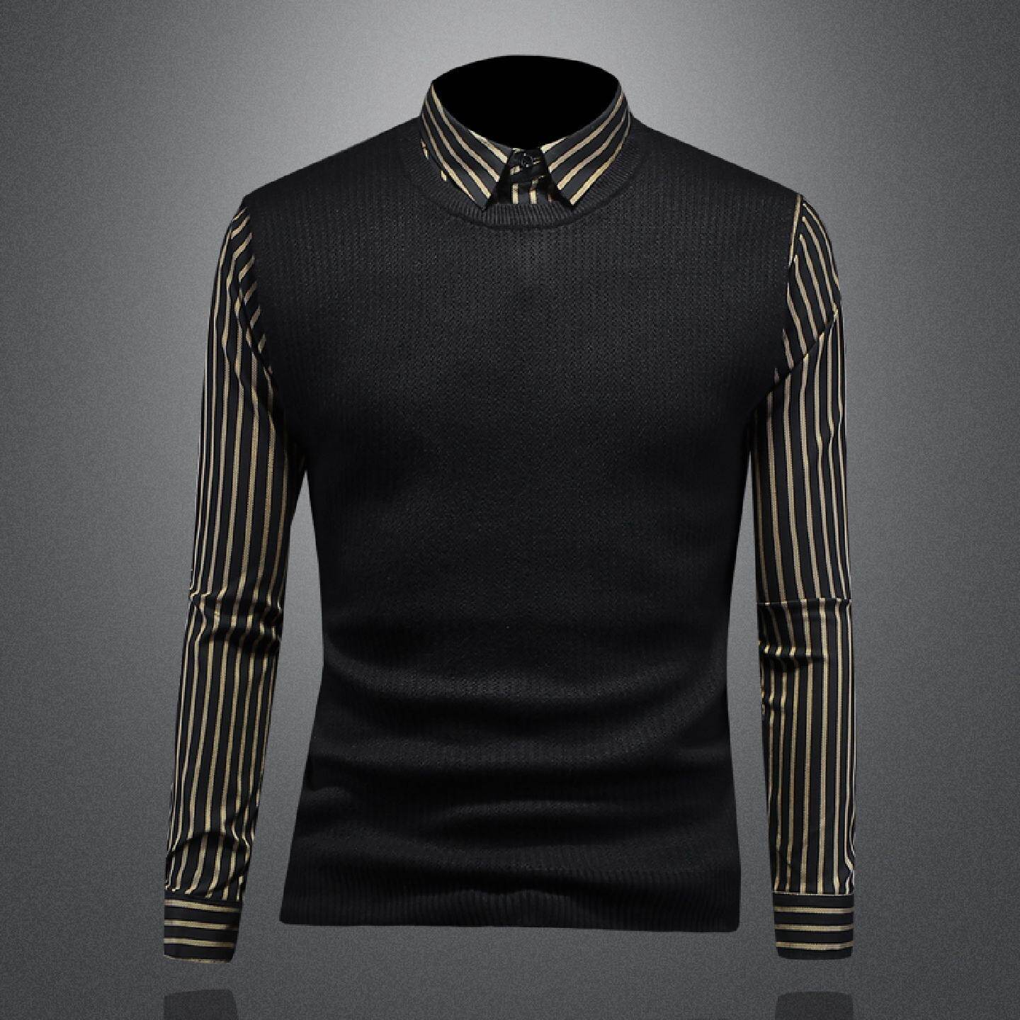 英伦衬衫男士长袖秋季新款修身复古假两件针织韩版拼接衬衣外套潮