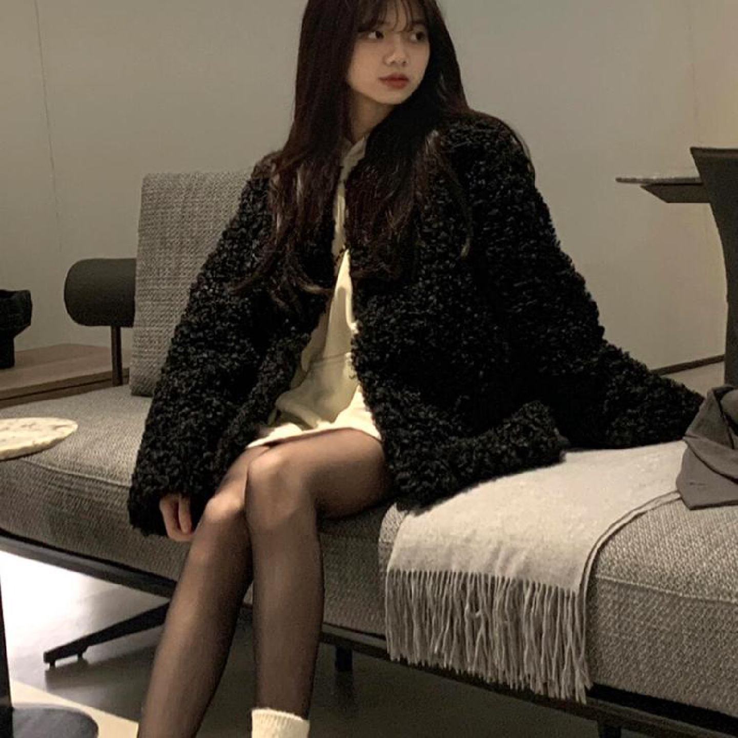 羊羔毛外套女2025秋冬新款宽松慵懒加厚高级黑色显瘦休闲棉服大衣