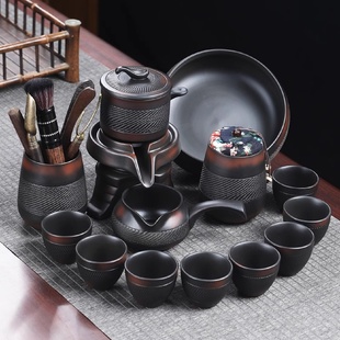 家用懒人旋转石磨茶壶功夫茶杯会客泡茶神器 高档紫陶自动茶具套装
