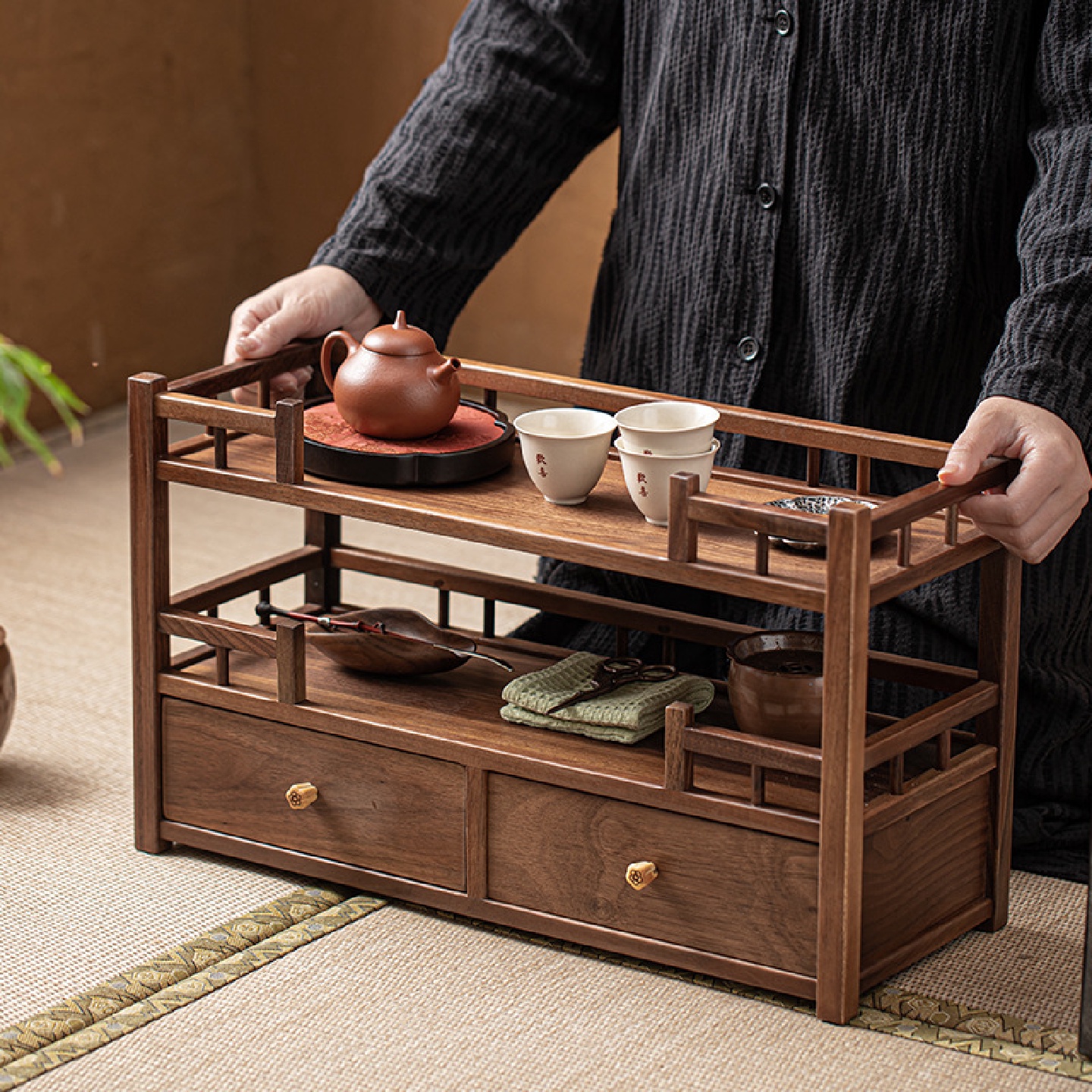 茶具收纳架北美胡桃木双层博古架中式实木茶壶紫砂茶杯沥水置物架