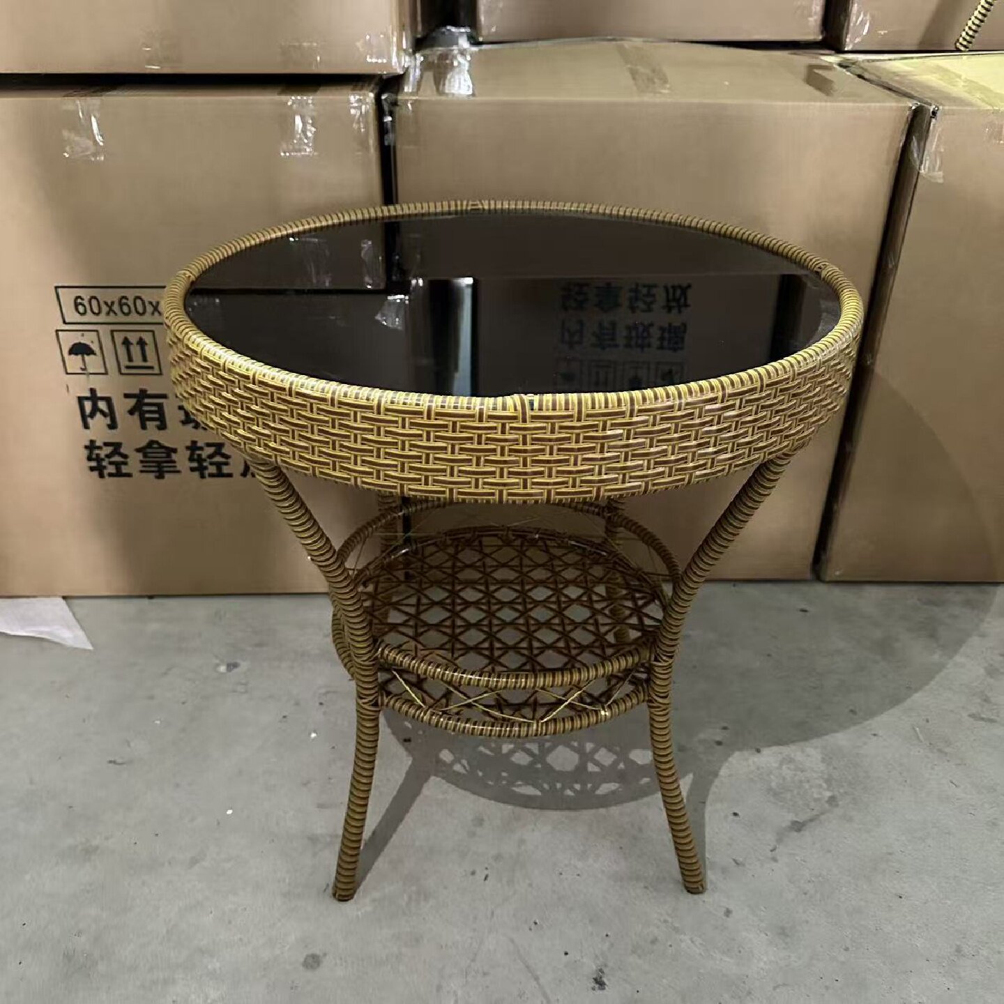 阳台休闲圆桌现代储物茶几藤编钢化玻璃圆形桌子简约茶桌耐用特价