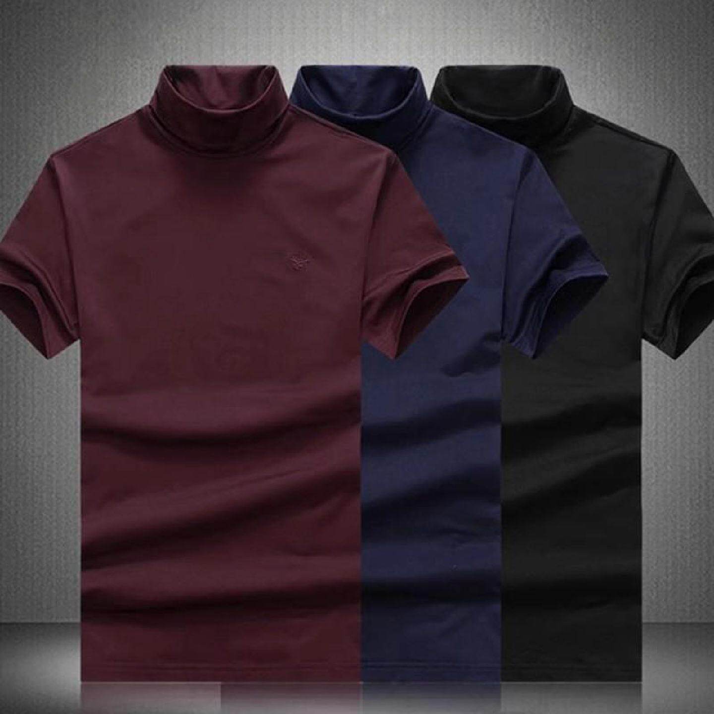 丝光棉薄绒短袖恤男装修身大码可翻高领半袖打底衫秋冬内搭小衫潮