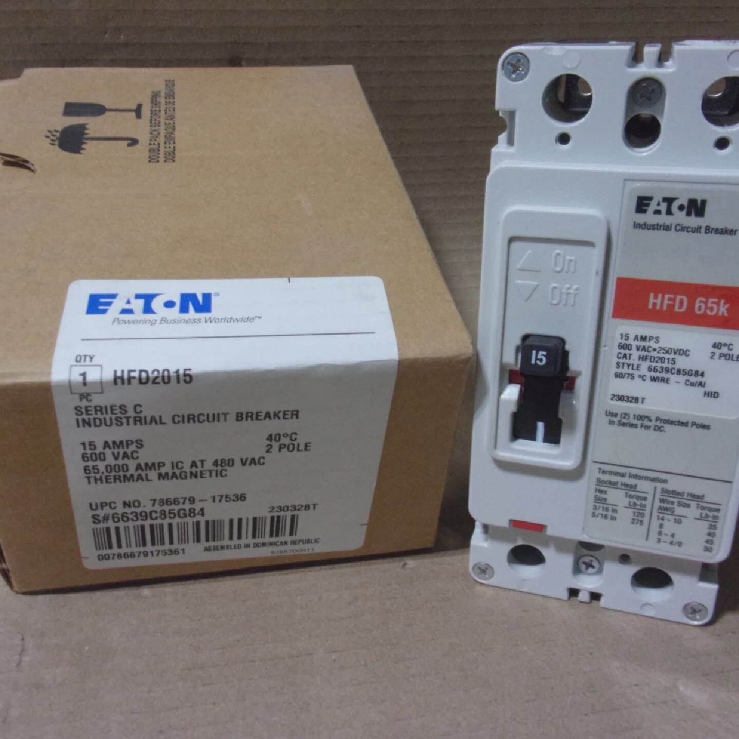 NEW Eaton HFD HFD2015 2 Pole 15 Amp 600V RED LABEL Circuit B