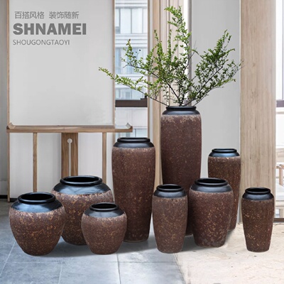 粗陶复古景德镇酒店落地大陶罐陶瓷花插仿真花艺花瓶装饰摆件套装