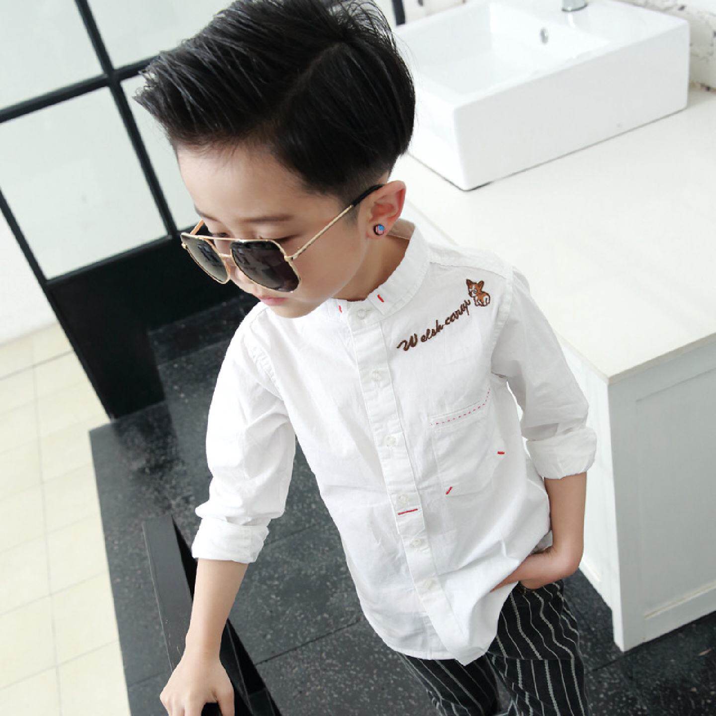 男童翻领白衬衫长袖纯棉中大童加绒加厚衬衣宝宝学院风时尚休闲帅