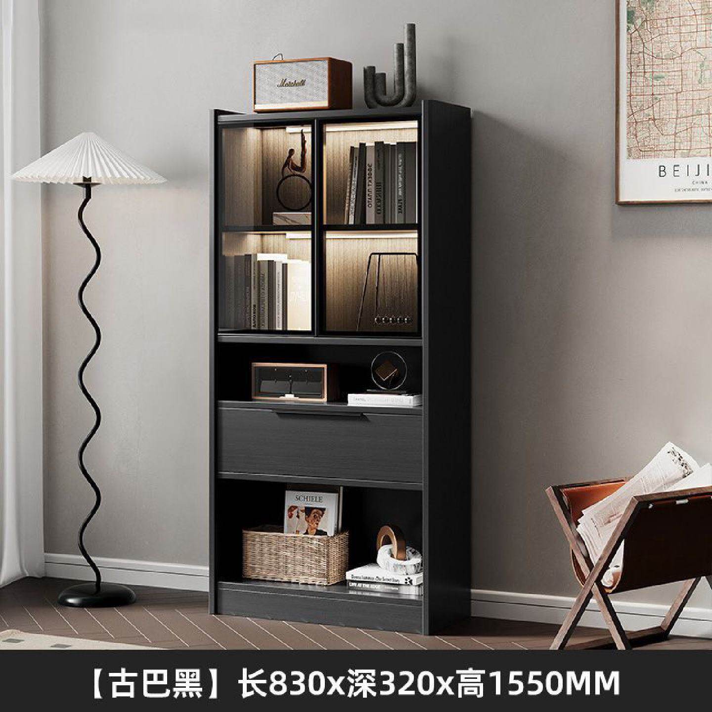 客厅书柜带玻璃门储物柜一体家用组合柜楼梯间收纳柜简约落地轻奢