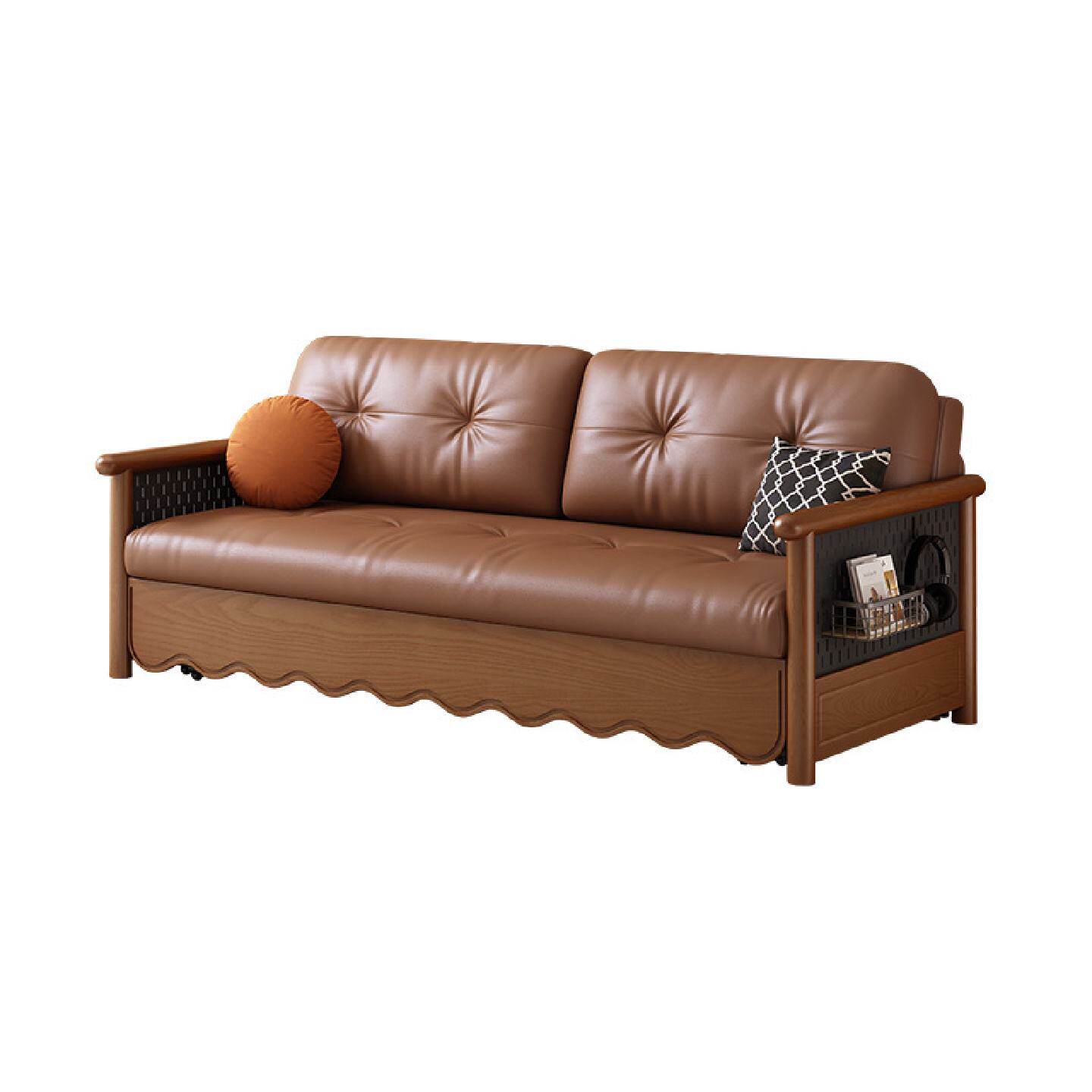 中式复古风实木沙发床折叠两用推拉多功能客厅带储物猫抓皮沙发床