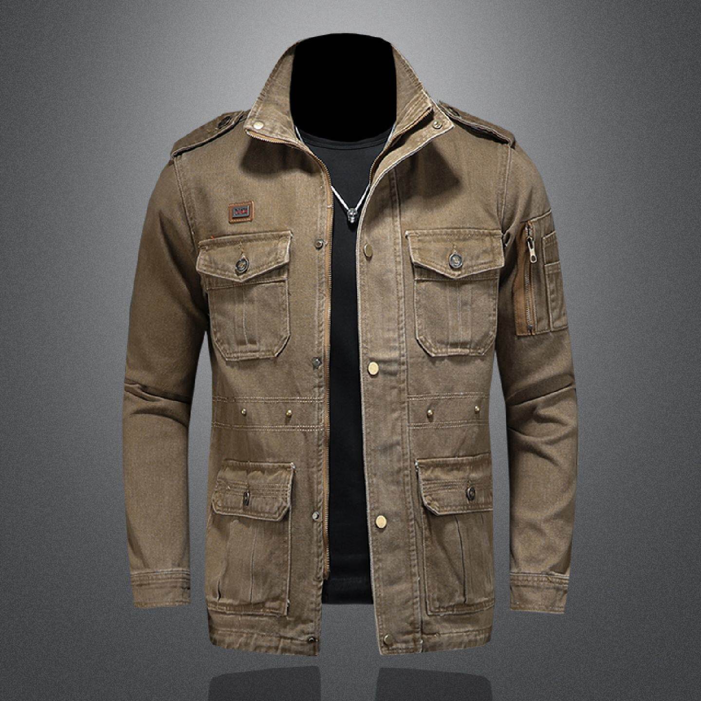 欧洲站休闲外套男春秋季新款多口袋重磅纯棉复古立领猎装夹克潮男